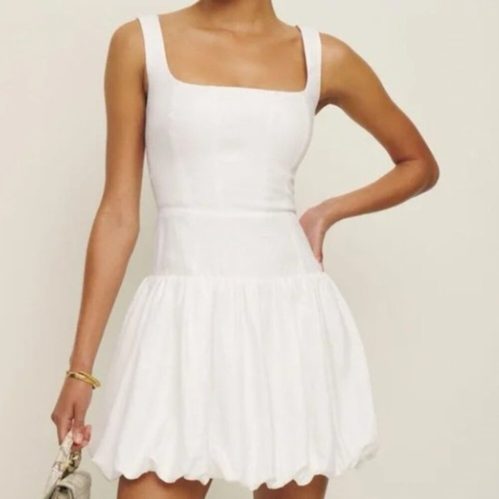 Reformation Delia Linen Sleeveless Bubble Hem Mini Dress White